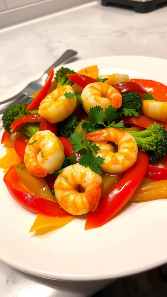 Quick Low Carb 15-Minute Meals Shrimp stir-fry with bell peppers and broccoli on a white plate, garnished with herbs.